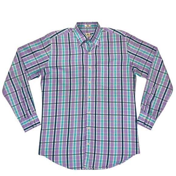 Peter Millar Button Front Shirt Mens M Blue Purple Plaid Casual Preppy Business - Picture 1 of 15